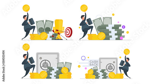 Set for posters and presentations. Happy businessman in a jump. Businessman with a suitcase and a gold coin in his hands. A mountain of money. Dollars, bundles of money, gold coins. Isolated. Vector.