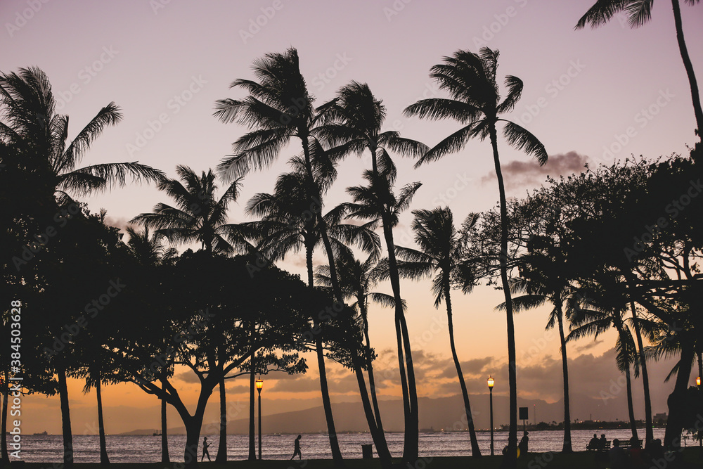 Sunset at Waikiki bay, Honolulu, Oahu, Hawaii