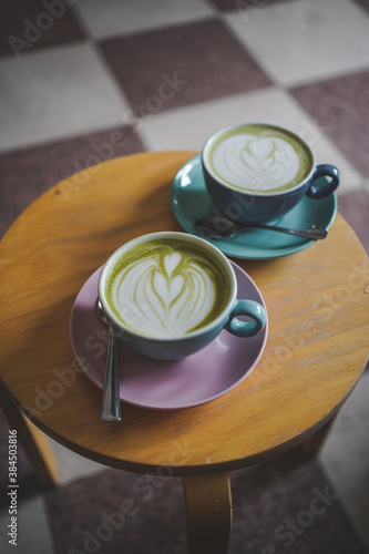 Drinking two Matcha Latte in Cafe