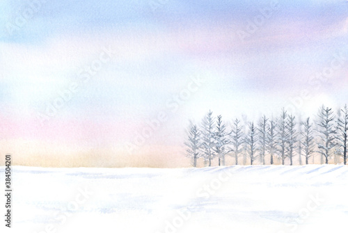 優しいイメージの冬の景色 水彩画