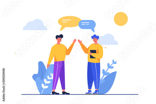 Two friends meet on the street and chat with each other isolated on white background, flat vector illustration