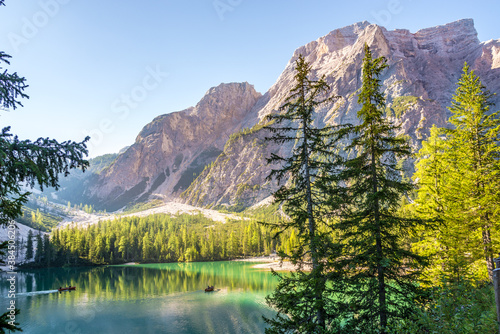 View at the mountain nature by the Lake Braies in South Tyrol - Italy