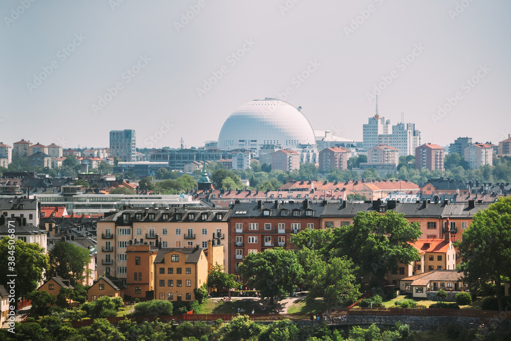 Stockholm, Sweden. Ericsson Globe In Summer Skyline. It's Currently The Largest Hemispherical Building In The World, Used For Major Concerts, Sport Events