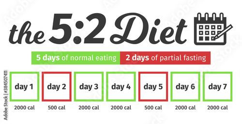 Scheme and concept of the fast diet 5:2. eating and fasting windows. Vector Infographic