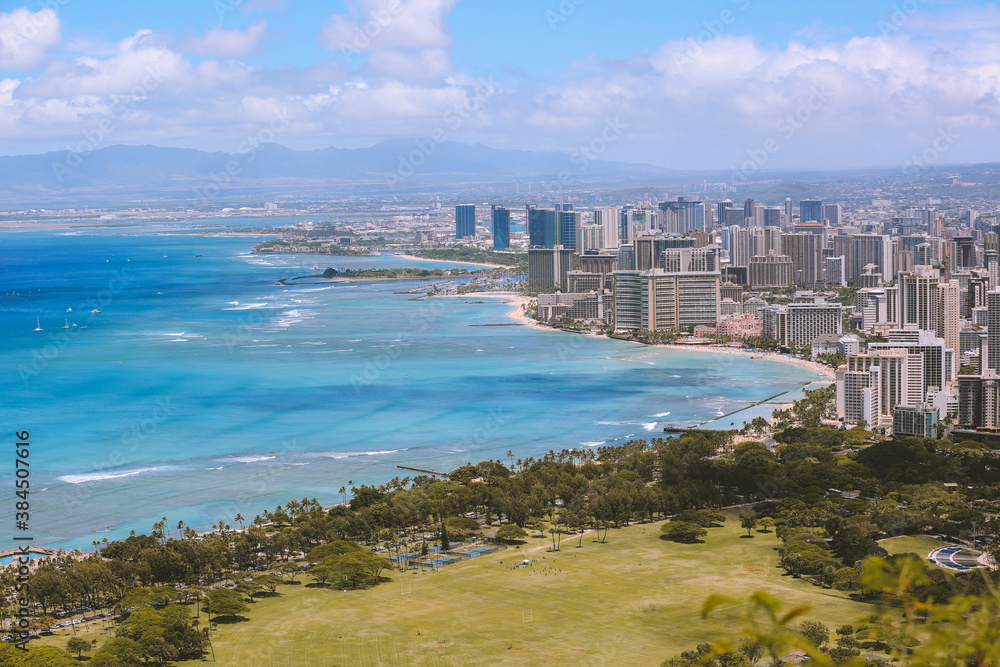 Waikiki Honolulu city coastline view, Diamond head, Oahu, Hawaii