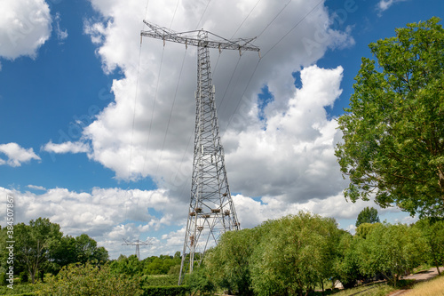 A group of white storks (Ciconia ciconia) make their nests in an unusual spot. White storks have made their homes on the electricity pylon in the Dutch village of Hurwenen. 
