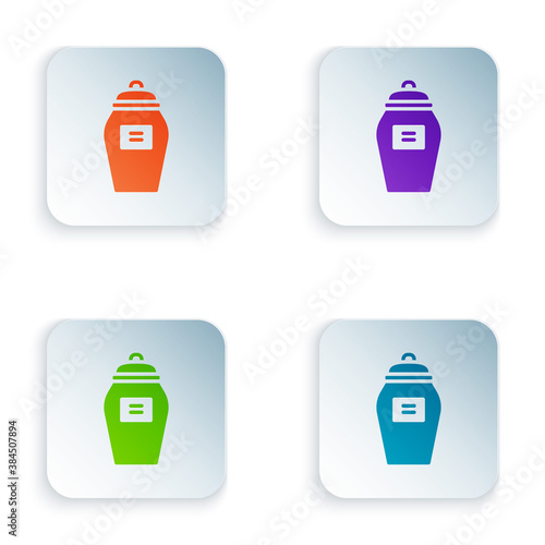 Color Funeral urn icon isolated on white background. Cremation and burial containers, columbarium vases, jars and pots with ashes. Set colorful icons in square buttons. Vector.