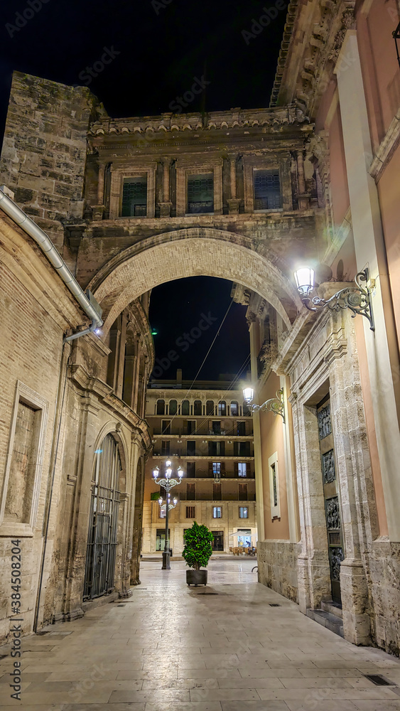 Street and arch next to the Valencia Cathedral at night