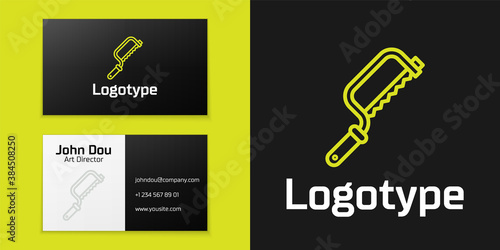 Logotype line Hacksaw icon isolated on black background. Metal saw for wood and metal. Logo design template element. Vector Illustration.