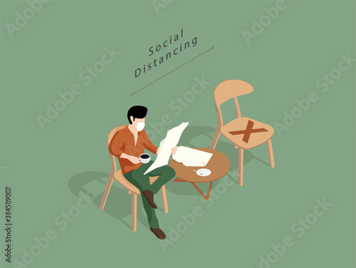 Man is reading a newspaper and hold a coffee cup wear a mask and maintain social distancing to minimize the risk of getting COVID19.Isometric Illustration about Reading books during social distancing.