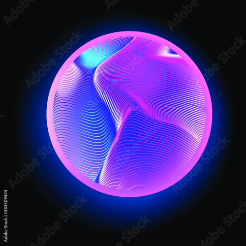 Glowing neon sphere on dark background. Synthwave and cyberpunk style aesthetics.