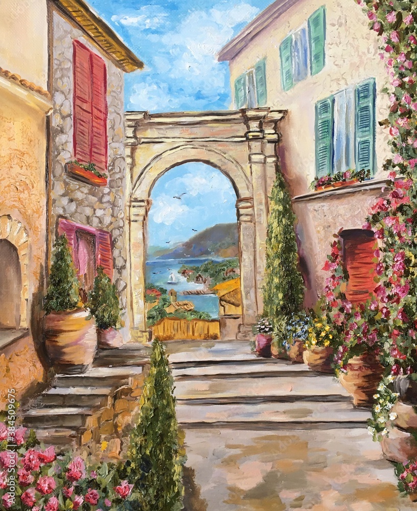 Oil painting Italian courtyard. Italian old street painting. Oil art arch