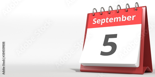 September 5 date on the flip calendar page, 3d rendering