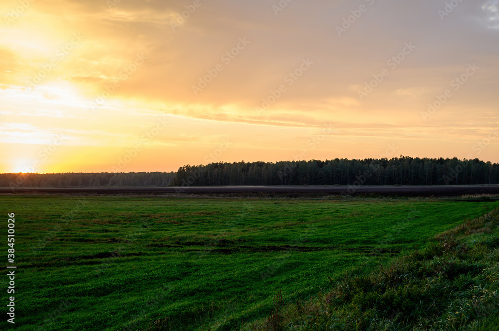 Photo of the evening sunset sky in autumn against the background of a green field