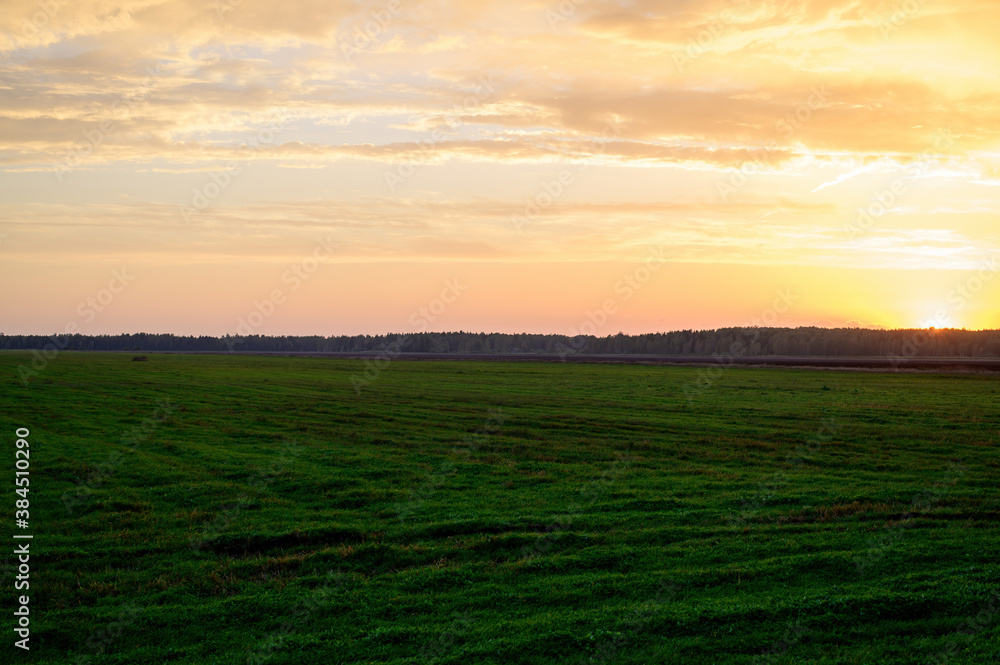 Landscape photo of the evening sunset sky in autumn against the background of a green field in the orange sun