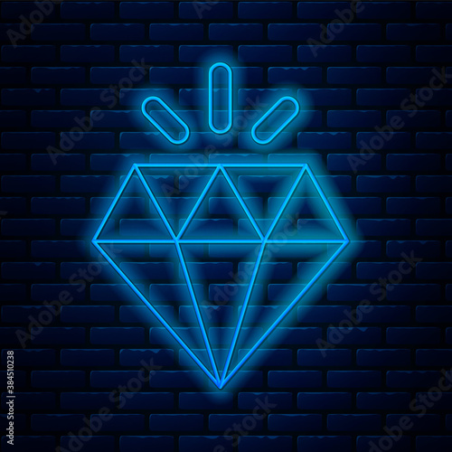Glowing neon line Diamond icon isolated on brick wall background. Jewelry symbol. Gem stone. Vector.