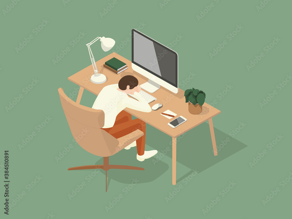 man fell asleep on the table while working. Isometric Illustration about working on the table. man fell asleep on the table while working. Isometric Illustration about working on the table.