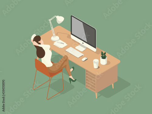 women sat and stretched while working on the desk. Isometric Illustration about 
working on the table.
