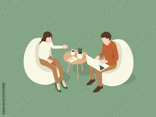 Men and women sitting interviews and recordings in the notebook. Isometric Illustration about Sitting interview.