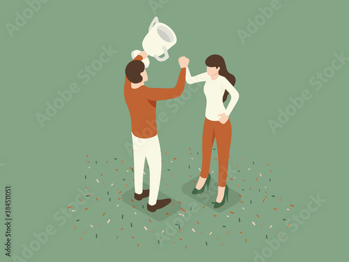 Men and women glad to win and hold trophies. Isometric Illustration about getting a victory.