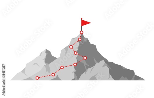 Mountain climbing route to peak. Hiking trip to the top of the mountain journey path. Route challenge infographic career top goal growth plan journey to success. Business climbing vector concept