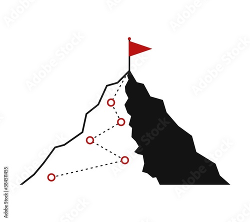 Mountain climbing route to peak icon. Hiking trip to the top of the mountain journey path. Route challenge infographic career top goal growth plan journey to success. Business climbing vector concept photo