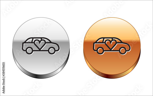 Black line Luxury limousine car icon isolated on white background. For world premiere celebrities and guests poster. Silver-gold circle button. Vector.