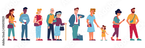 People crowd in queue line standing and waiting, vector flat isolated. People group in queue row, pregnant woman, old man with kid child, cartoon icons of people in line in hurry or impatient photo