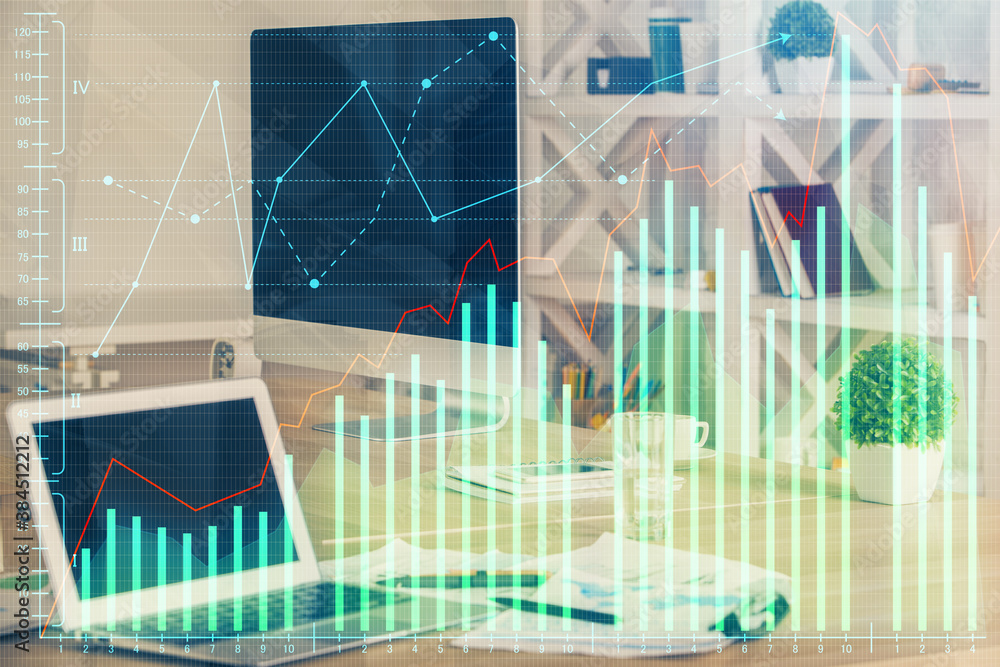 Double exposure of chart and financial info and work space with computer background. Concept of international online trading. Double exposure of chart and financial info and work space with computer background. Concept of international online trading.