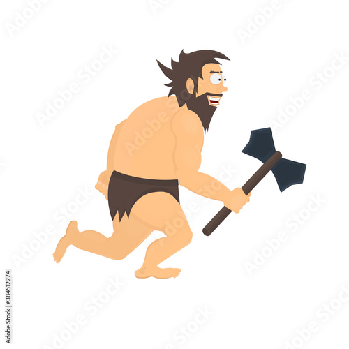 Ancient man with a stone axe. Caveman, vector illustration
