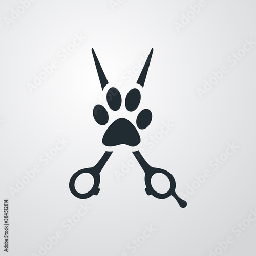 Peluquería de mascotas. Logotipo con tijera de peluquero y zarpa de perro en fondo gris