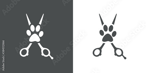 Peluquería de mascotas. Logotipo con tijera de peluquero y zarpa de perro en fondo gris y fondo blanco