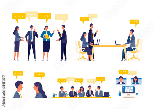 Business talk concept. Vector illustration of talking businessman. Concept for video conference, workers at office.