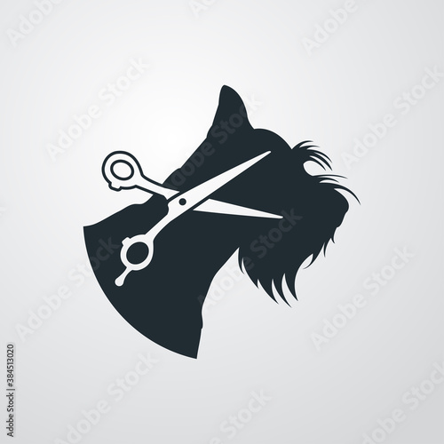 Peluquería de mascotas. Logotipo con tijera de peluquero y cabeza de perro raza schnauzer en fondo gris