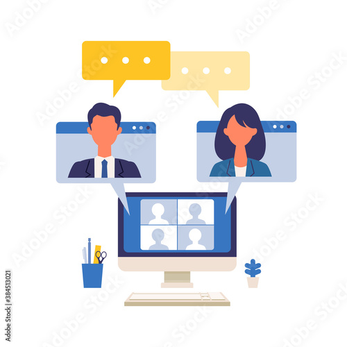 Business talk concept. Vector illustration of people talking via telecommuting system. Concept for video conference, workers at home or office.