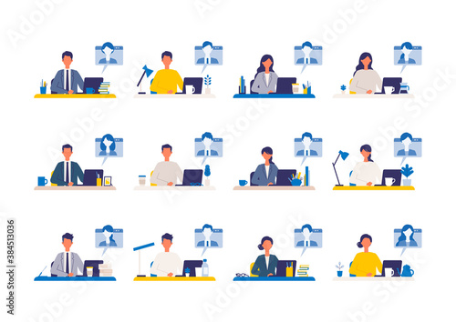 Telecommuting concept. Vector illustration of people having communication via telecommuting system. Concept for video conference, workers at home or office.