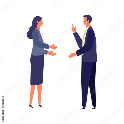 Illustration of working business person. Man and woman talking with gesture.