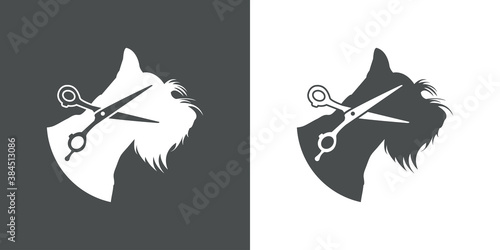 Peluquería de mascotas. Logotipo con tijera de peluquero y cabeza de perro raza schnauzer en fondo gris y fondo blanco