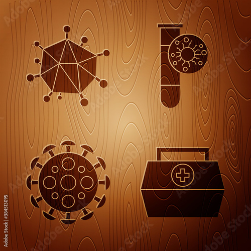Set First aid kit, Virus, Virus and Test tube with virus on wooden background. Vector.