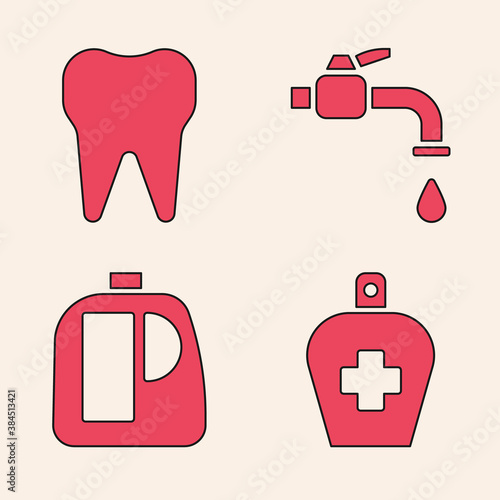 Set Bottle of liquid antibacterial soap, Tooth, Water tap and Bottles for cleaning agent icon. Vector.