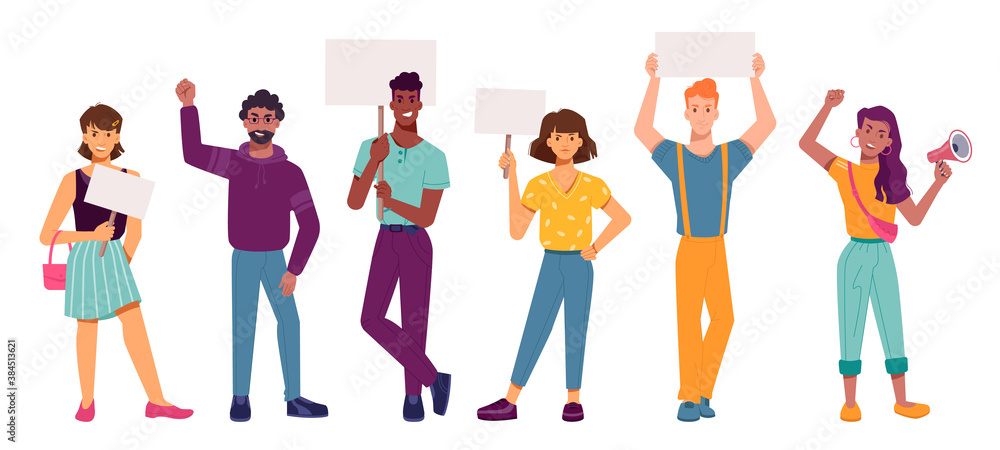 custom made wallpaper toronto digitalPeople with protest banners, angry protesters holding placards, fists and megaphone, vector flat isolated set. Young and black activists on protest strike, demonstration or manifestation, riot crowd