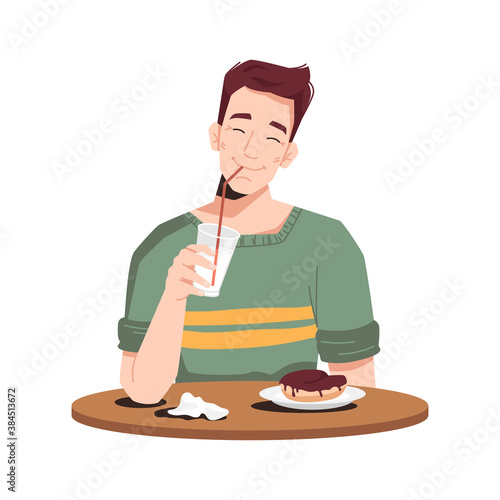 Boy enjoying milkshake and cake isolated person in casual cloth, flat cartoon. Vector caucasian guy eats dessert, tasty sweet food drinks on wooden table or board. Hungry man has snack at restaurant