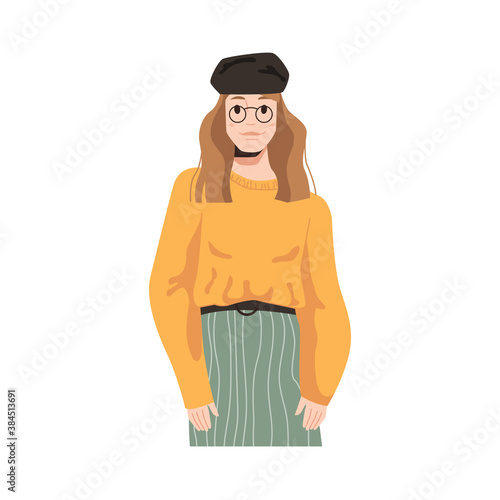 Fashionable french woman in glasses and hat isolated stylish girl in flat cartoon style. Vector female autumn casual look, parisian girl in beret, sweater and skirt. Caucasian lady in vogue apparel
