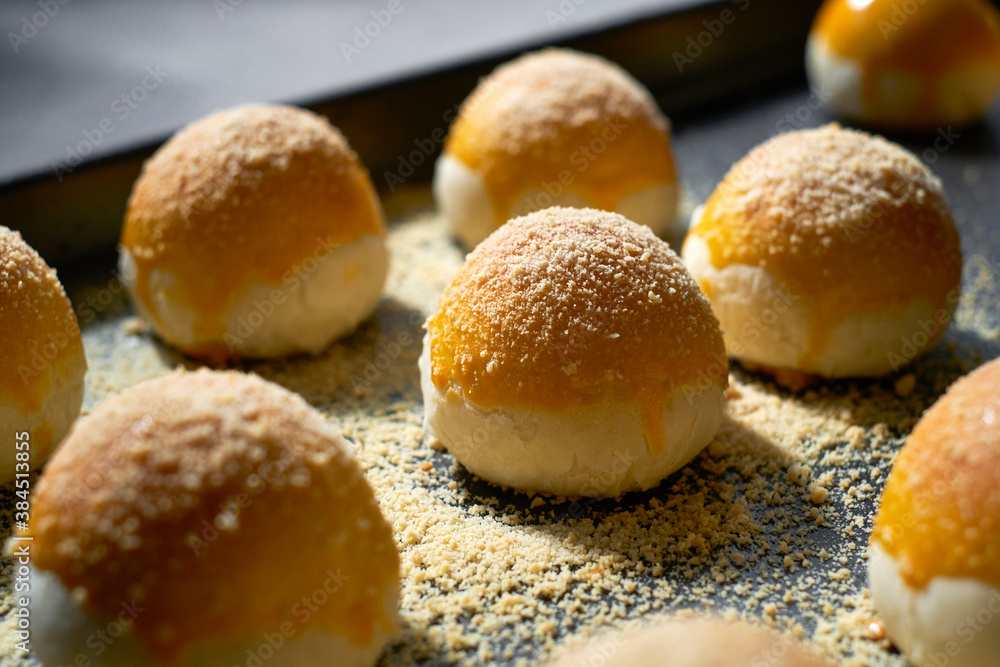 Fresh out of the oven delicious egg yolk pastry, in the room

