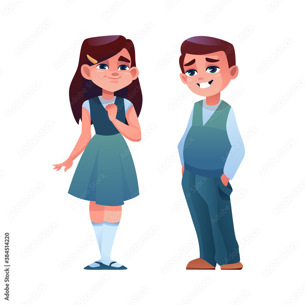 Junior school age boy and girl isolated schoolchildren. Vector schoolgirl and schoolboy in uniform, smiling pretty kids, elementary students pupils. Primary schoolers full length portrait, schoolkids Junior school age boy and girl isolated schoolchildren. Vector schoolgirl and schoolboy in uniform, smiling pretty kids, elementary students pupils. Primary schoolers full length portrait, schoolkids