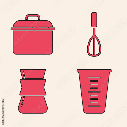 Set Measuring cup, Cooking pot, Kitchen whisk and Coffee turk icon. Vector.
