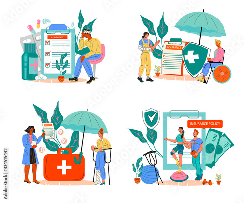 Set of banners for medical health insurance in case of trauma and injury healthcare concept. Covering of medical costs of rehabilitation, treatment and medications.