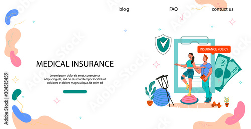 Web banner for services of rehabilitation for persons with temporal disability or rehab after injury. Medical insurance for compensation treatment costs in case of accident, flat vector illustration.