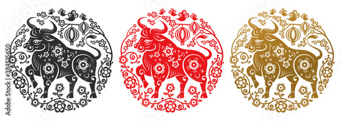 Metal Ox zodiac signs in flower circles of golden, black and red color. Vector Happy Chinese New Year greeting card papercut decor, lunar holiday celebration. Chinese CNY 2021 symbol, Taurus