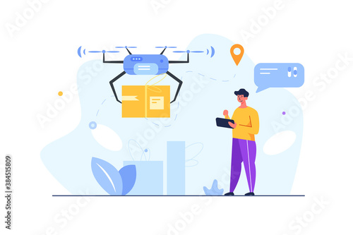 Guy with tablet caused boxed cargo delivery via electric wireless drone isolated on white background, flat vector illustration